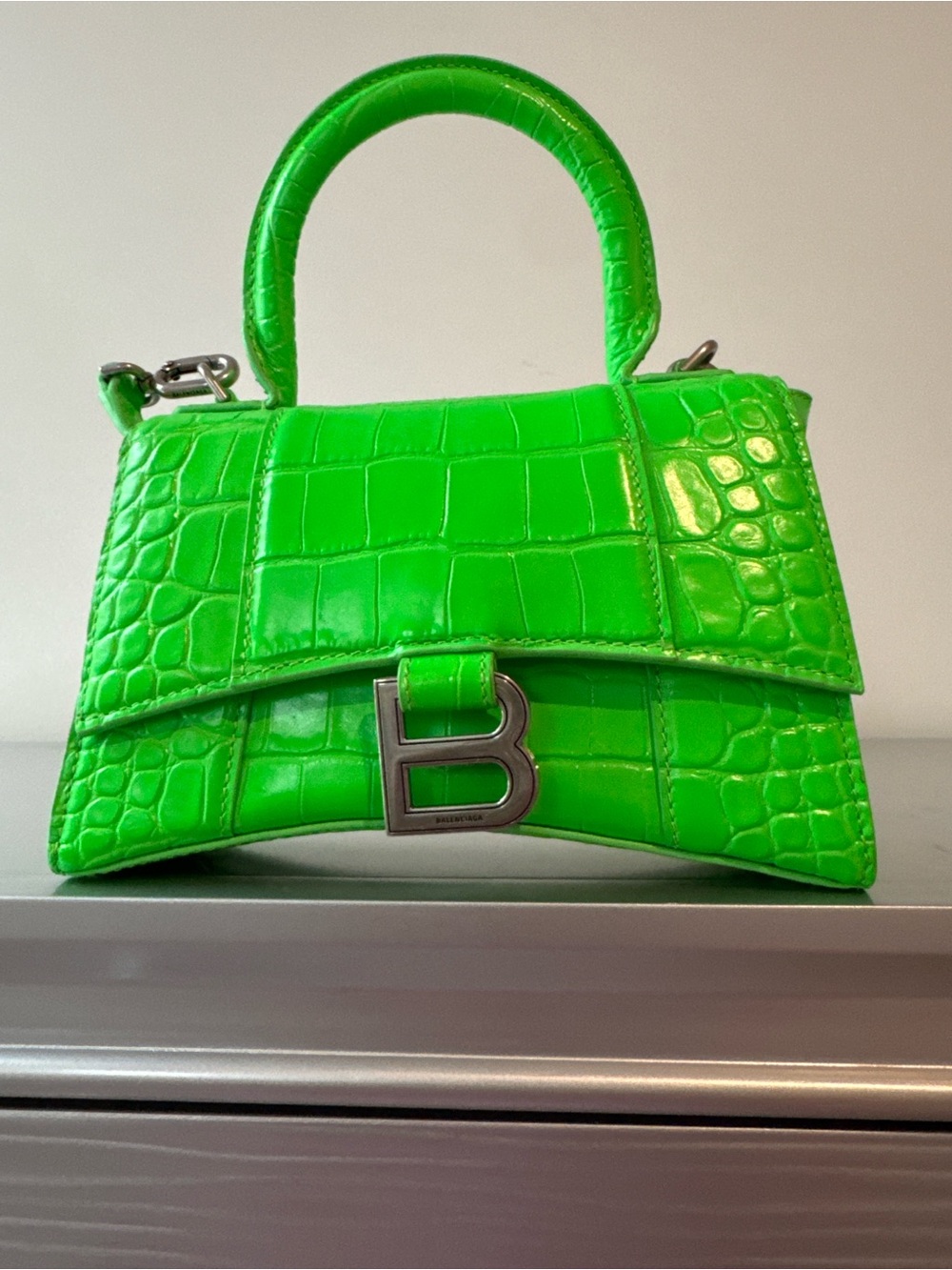 Balenciaga Neon Green Croc-Embossed Hourglass Top Handle Mini Bag
